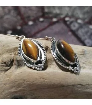 Boucles d'oreilles argent bijoux ethnique pierres naturelles oeil de tigre