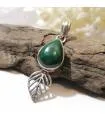 Pendentif en argent bijoux feuillage pierre naturelle malachite