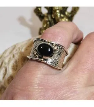 Bague ethnique mixte en argent pierre d'onyx noire.