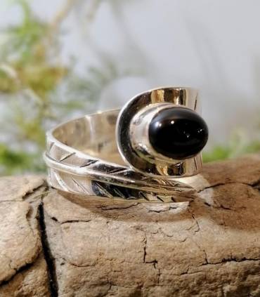 Bague ethnique en argent bijou ajustable onyx noire
