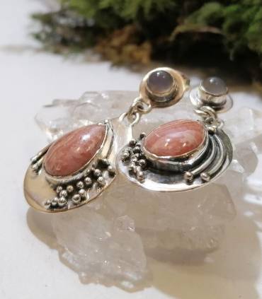 Boucles d'oreilles vintage en argent rhodochrosite et quartz rose