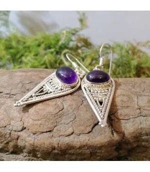 Boucles d'oreilles en argent "Indian style" pierre naturelle améthyste