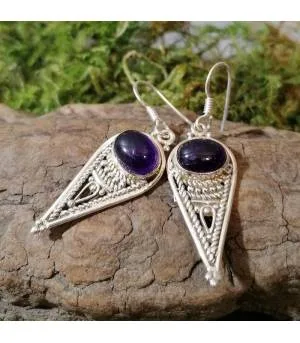 Boucles d'oreilles en argent "Indian style" pierre naturelle améthyste