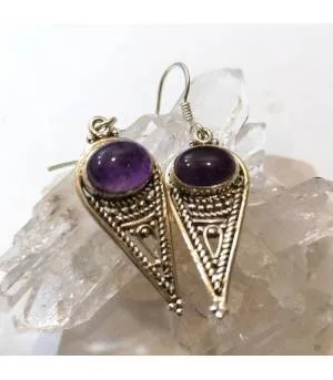 Boucles d'oreilles en argent "Indian style" pierre naturelle améthyste