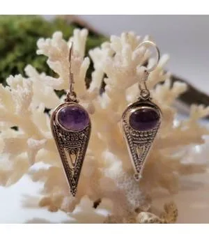 Boucles d'oreilles en argent "Indian style" pierre naturelle améthyste