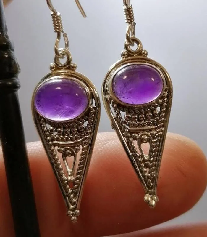 Boucles d'oreilles en argent "Indian style" pierre naturelle améthyste