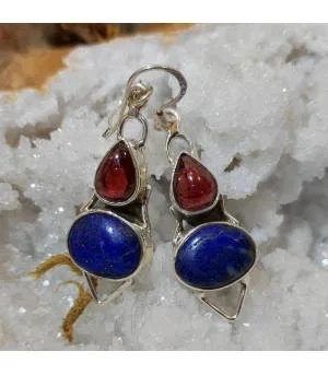 Boucles d'oreilles argent pierres naturelles lapis lazuli et grenat