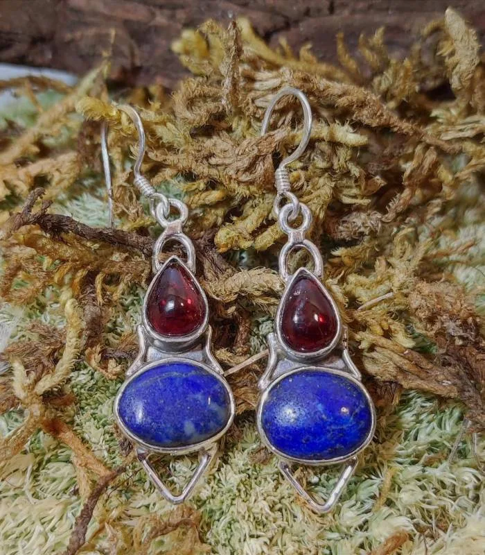 Boucles d'oreilles argent pierres naturelles lapis lazuli et grenat