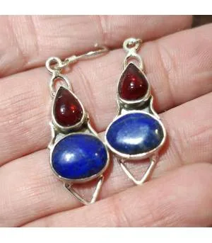 Boucles d'oreilles argent pierres naturelles lapis lazuli et grenat