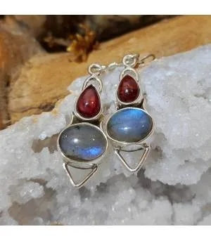 Boucles d'oreilles argent et pierres naturelle labradorite et grenat.