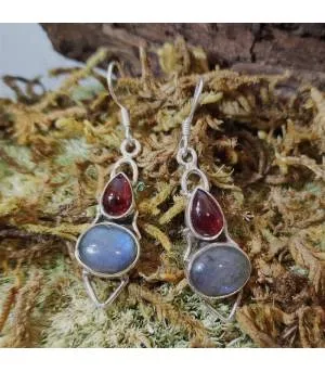 Boucles d'oreilles argent et pierres naturelle labradorite et grenat.