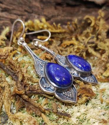 Boucles d'oreilles ethniques chic en argent et pierres naturelles de lapis lazuli