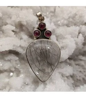 pendentif ethnique grenat et quartz tourmaline