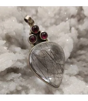 pendentif ethnique grenat et quartz tourmaline