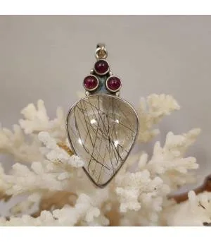 pendentif ethnique grenat et quartz tourmaline
