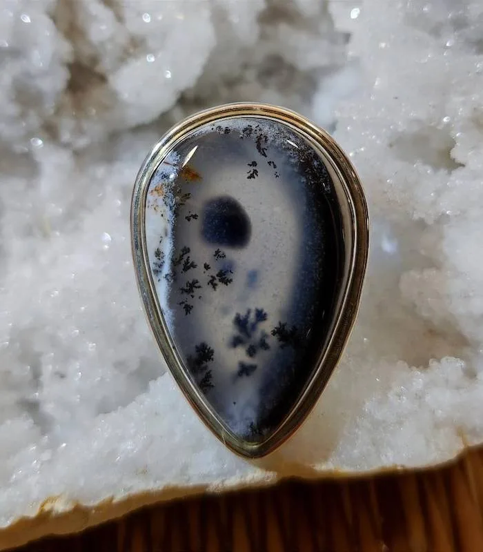 Bague moderne en argent bijoux pierre naturelle agate dendritique