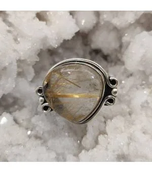 Bague ethnique argent pierre naturelle quartz rutilé doré