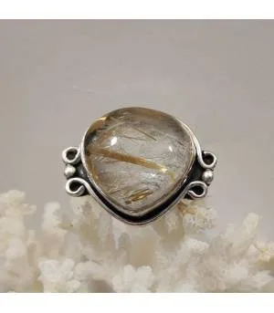 Bague ethnique argent pierre naturelle quartz rutilé doré