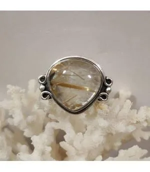 Bague ethnique argent pierre naturelle quartz rutilé doré