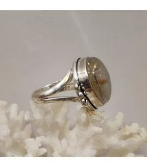 Bague ethnique argent pierre naturelle quartz rutilé doré