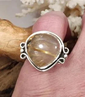 Bague ethnique argent pierre naturelle quartz rutilé doré