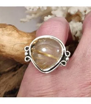 Bague ethnique argent pierre naturelle quartz rutilé doré