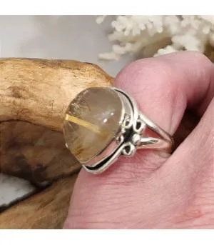 Bague ethnique argent pierre naturelle quartz rutilé doré