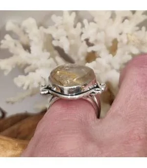 Bague ethnique argent pierre naturelle quartz rutilé doré