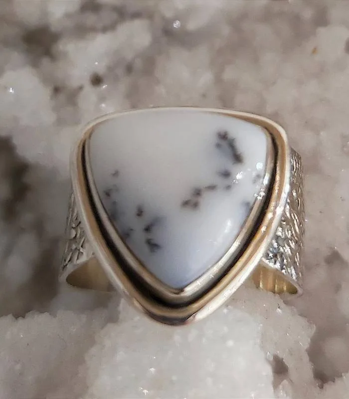 Bague ethnique argent martelé pierre naturelle d'agate dendritique