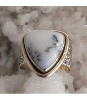 Bague ethnique argent martelé pierre naturelle d'agate dendritique