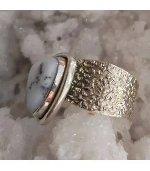 Bague ethnique argent martelé pierre naturelle d'agate dendritique