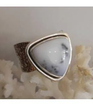 Bague ethnique argent martelé pierre naturelle d'agate dendritique
