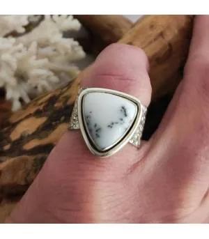 Bague ethnique argent martelé pierre naturelle d'agate dendritique