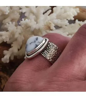 Bague ethnique argent martelé pierre naturelle d'agate dendritique