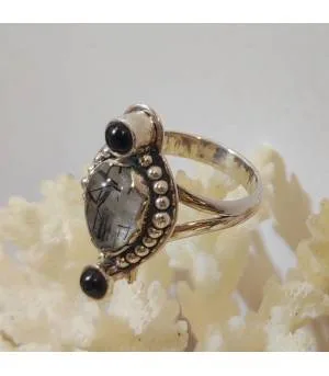 Bague ethnique argent pierres naturelles onyx quartz rutilé