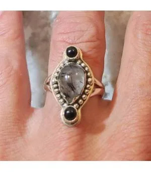 Bague ethnique argent pierres naturelles onyx quartz rutilé