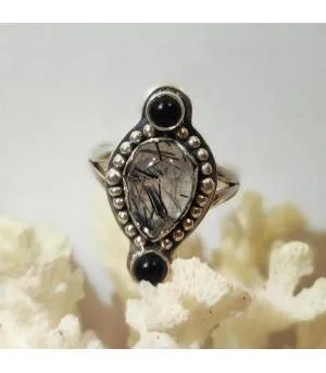 Bague ethnique argent pierres naturelles onyx quartz rutilé