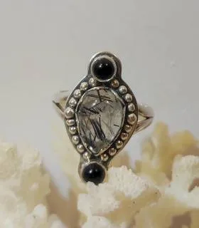 Bague ethnique argent pierres naturelles onyx quartz rutilé