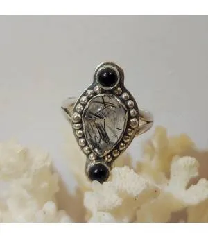 Bague ethnique argent pierres naturelles onyx quartz rutilé