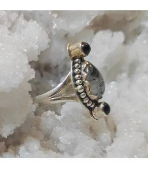 Bague ethnique argent pierres naturelles onyx quartz rutilé