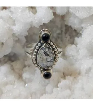 Bague ethnique argent pierres naturelles onyx quartz rutilé