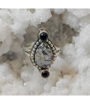 Bague ethnique argent pierres naturelles onyx quartz rutilé