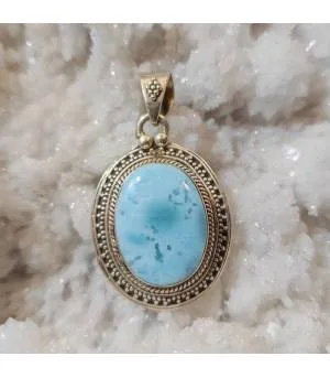 Pendentif ethnique et moderne argent et pierre naturelle de larimar