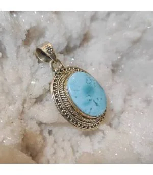 Pendentif ethnique et moderne argent et pierre naturelle de larimar