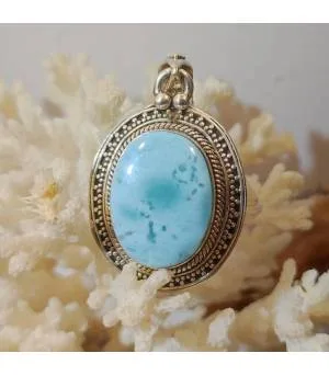 Pendentif ethnique et moderne argent et pierre naturelle de larimar