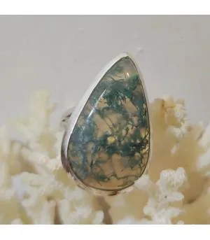Bague en argent et pierre naturelle d'agate mousse.
