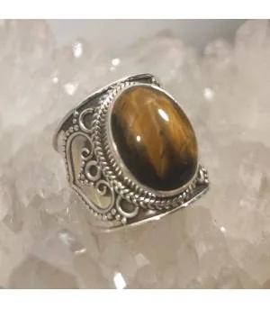 Bague ethnique mixte en argent et pierre naturelle d'oeil de tigre