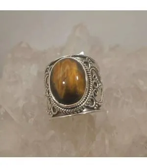 Bague ethnique mixte en argent et pierre naturelle d'oeil de tigre