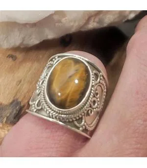 Bague ethnique mixte en argent et pierre naturelle d'oeil de tigre