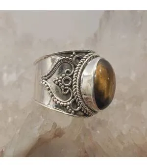 Bague ethnique mixte en argent et pierre naturelle d'oeil de tigre